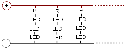 Possible LED strip light wiring. R = resistor.